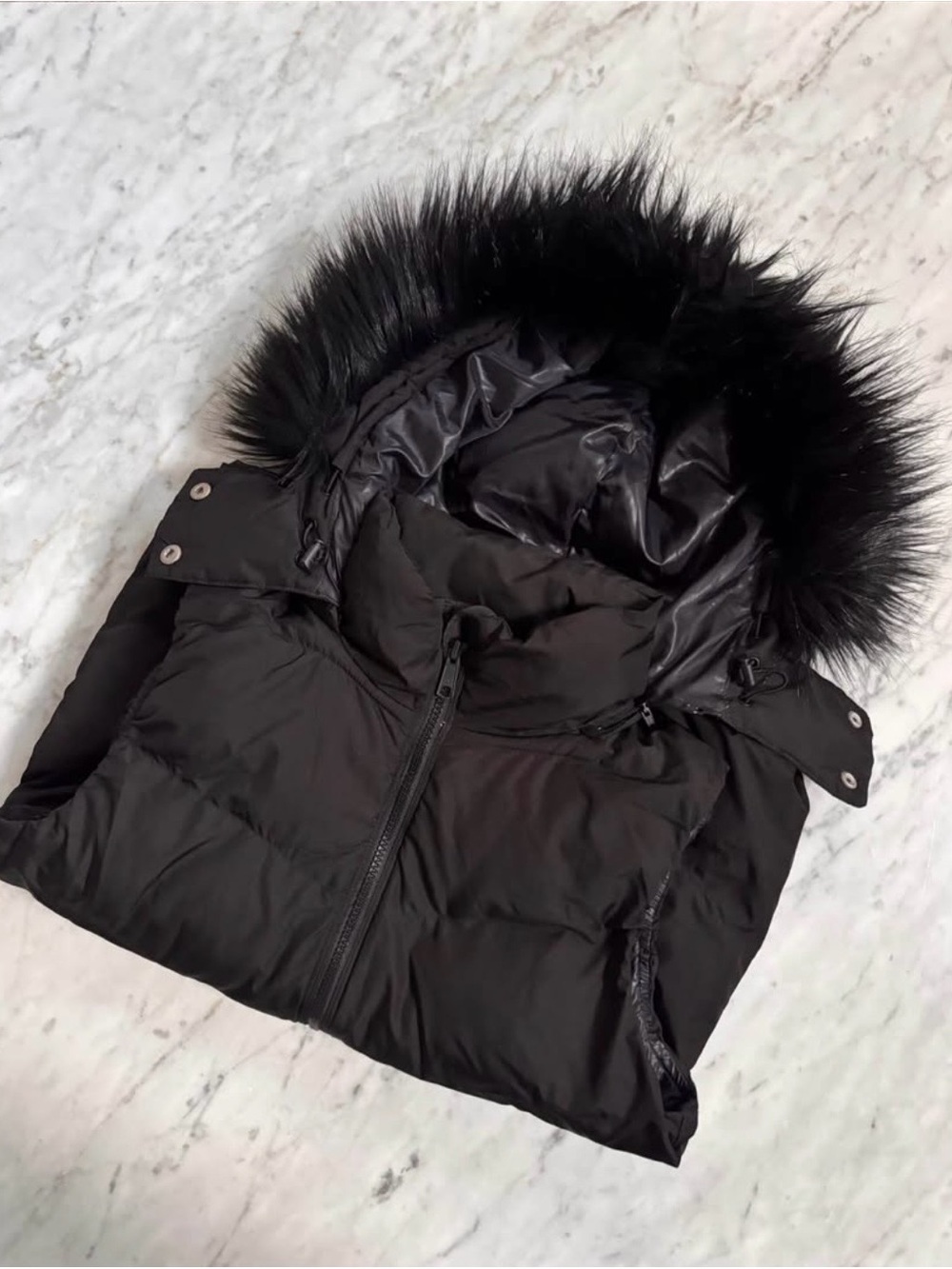 GAP Black Puffer Jacket with Faux Fur Hood